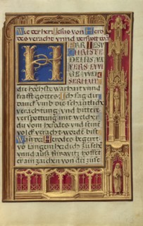 Decorated Text Page; Bruges, Belgium; about 1525 - 1530; Tempera colors, gold paint, and gold leaf on parchment; Leaf: 16.8 x 11