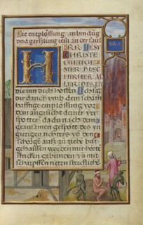 Border with Job Mocked by His Wife and Tormented by Two Devils; Simon Bening, Flemish, about 1483 - 1561, Bruges, Belgium