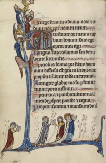 Initial E: David Playing the Harp; Bute Master, Franco-Flemish, active about 1260 - 1290, Northeastern, illuminated, France