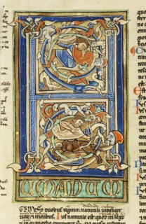 Inhabited Initial H; Sens, or, France; about 1170 - 1180; Tempera colors, gold leaf, and ink on parchment; Leaf: 44.3 x 29.1 cm