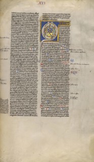 Inhabited Initial Q; Sens, or, France; about 1170 - 1180; Tempera colors, gold leaf, and ink on parchment; Leaf: 44.3 x 29.1 cm