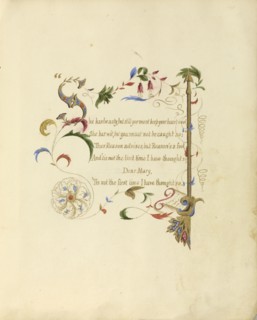 Illuminated manuscript of a poem; British; England; 1843 - 1845; Red, blue, green and pink ink with gilding; 18.6 x 22.9 cm