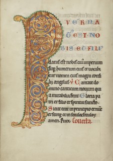 Inhabited Initial P; Steinfeld, Germany; about 1180; Tempera colors, gold, silver, and ink on parchment; Leaf: 25.2 x 17.9 cm