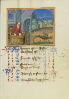Treading Grapes; Zodiacal Sign of Scorpio; Strasbourg, France; early 16th century; Tempera colors on parchment