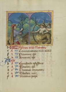 November Calendar Page; Gathering Acorns for Pigs; Sagittarius; Strasbourg, France; early 16th century; Tempera colors on