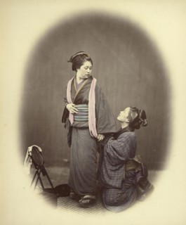 Putting on the Obi, or Gridle; Felice Beato, 1832 - 1909, Japan; 1866 - 1867; Hand-colored Albumen silver