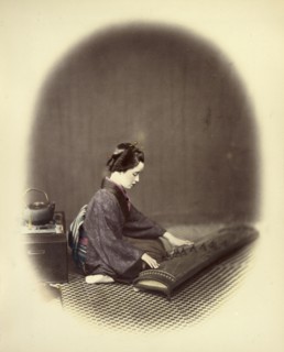 Girl Playing the Koto; Felice Beato, 1832 - 1909, Japan; 1866 - 1867; Hand-colored Albumen silver print