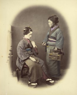Young Lady, with Pipe; Felice Beato, 1832 - 1909, Japan; 1866 - 1867; Hand-colored Albumen silver print
