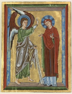 The Annunciation; Würzburg, Germany; about 1240; Tempera colors, gold leaf, and iron gall ink on parchment; Leaf: 17.8 x 13.5 cm
