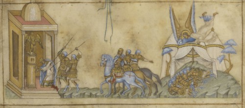 The Death of Sennacherib; Sicily, Italy; about 1300; Tempera colors and gold on parchment; Leaf: 7.3 x 17.5 cm, 2 7,8 x 6 7,8 in