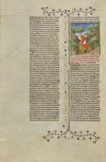 Samson and the Lion; Paris, France, Europe; about 1413 - 1415; Tempera colors, gold leaf, gold paint, and ink on parchment; Leaf