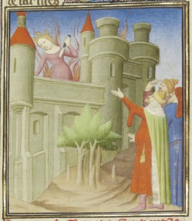 The Suicide of Queen Dido; Paris, France; about 1413 - 1415; Tempera colors, gold leaf, gold paint, and ink on parchment; Leaf