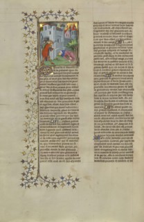 The Wounding of Pyrrhus; Paris, France; about 1413–1415; Tempera colors, gold leaf, gold paint, and ink on parchment; Leaf
