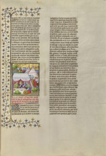 The Romans Feast in an Encampment While the Goths Starve; Paris, France; about 1413–1415; Tempera colors, gold leaf, gold paint