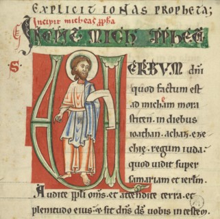 Initial V: Micah; Northeastern France, probably, France; about 1131–1165; Tempera colors and ink on parchment