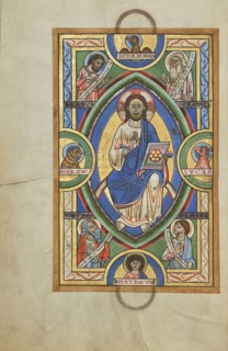 Christ in Majesty; Hildesheim, Germany, Europe; probably 1170s; Tempera colors, gold leaf, silver leaf, and ink on parchment