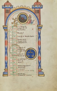 Domitian, ?, Zodiacal Sign of Libra; Hildesheim, Germany; probably 1170s; Tempera colors, gold leaf, silver leaf, and ink