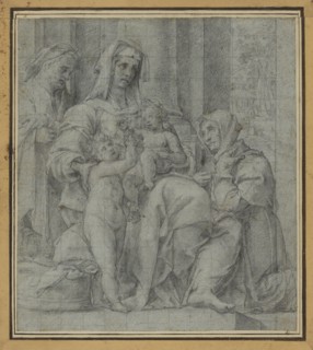 Holy Family with Saint John the Baptist Adored by an  Figure; Bartolomeo Cesi, Italian, 1556 - 1629, Italy; about 1590s; Black