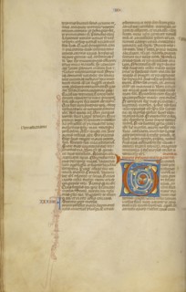 Decorated Initial T; Bologna, Emilia-Romagna, Italy; about 1280 - 1290; Tempera colors, gold leaf, and ink on parchment
