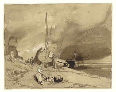 Fishing Boats on a Beach, Storm Clouds in the Distance; Eugène Isabey, French, 1803 - 1886, France; about 1830; Brown wash