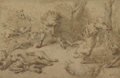 A Wild Boar at Bay; Frans Snyders, Flemish, 1579 - 1657, Flanders, Belgium; 1620 - 1630; Black chalk, pen and brown ink, brown