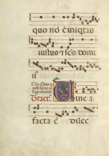 Decorated Initial V; Northern Italy, Italy; about 1460 - 1480; Tempera colors and gold leaf on parchment; Leaf: 60.3 x 44 cm