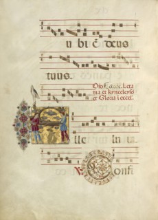 Inhabited Initial A; Northern Italy, Italy; about 1460 - 1480; Tempera colors and gold leaf on parchment; Leaf: 60.3 x 44 cm