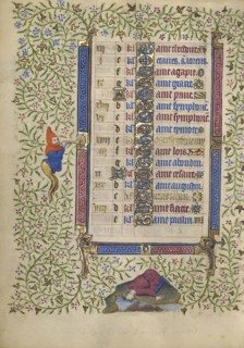 Decorated Calendar Page; Paris, France; about 1410; Tempera colors, gold leaf, gold paint, and ink on parchment; Leaf: 19.1 x 14
