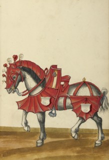 A Horse in Armor; Augsburg, probably, Germany; about 1560 - 1570; Tempera colors and gold and silver paint on paper bound