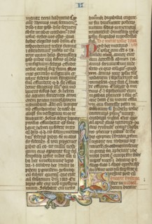 Inhabited Initial L; Peter Comestor, French, about 1100 - about 1179, Austria; about 1300; Tempera colors and gold leaf