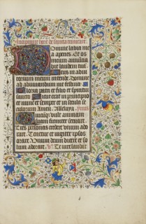 Decorated Text Page; Ghent, bound, Belgium; 1450s; Tempera colors, gold leaf, gold paint, and ink on parchment; Leaf: 26.4 x 18
