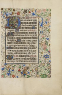 Decorated Text Page; Ghent, bound, Belgium; 1450s; Tempera colors, gold leaf, gold paint, and ink on parchment; Leaf: 26.4 x 18