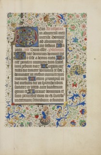 Decorated Text Page; Ghent, bound, Belgium; 1450s; Tempera colors, gold leaf, gold paint, and ink on parchment; Leaf: 26.4 x 18
