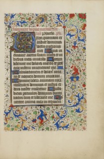 Decorated Text Page; Ghent, bound, Belgium; 1450s; Tempera colors, gold leaf, gold paint, and ink on parchment; Leaf: 26.4 x 18