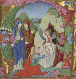 Initial A: The Women at the Tomb; Bartolomeo Rigossi da Gallarate, Italian, active about 1460 - 1480, Lombardy, Italy