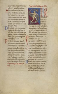 Inhabited Initial S; Sicily, probably, Italy; late 12th century; Tempera colors, gold leaf, and ink on parchment