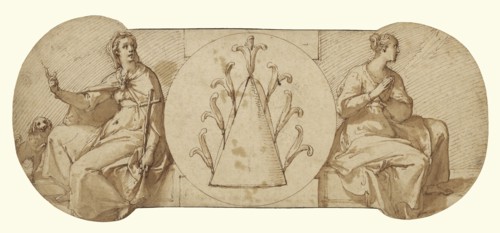 Allegories of Faith and Hope, Flanking Federico's Device, the Sugar Loaf; Federico Zuccaro, Italian, about 1541 - 1609