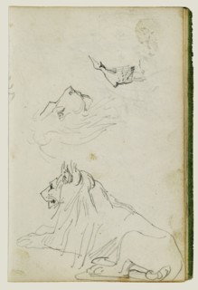 Seated Lion, Two Lion Head Studies; Théodore Géricault, French, 1791 - 1824, 1812 - 1814; Graphite; 15.2 x 10.6 cm