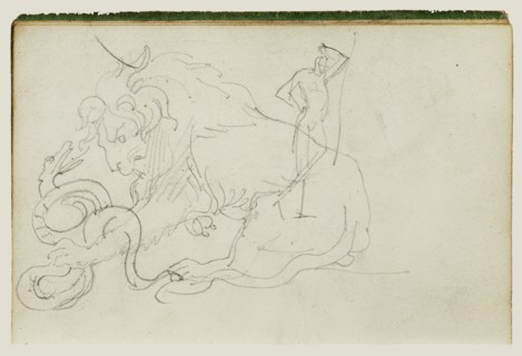 Lion Attacking a Snake over Nude Figure Study; Théodore Géricault, French, 1791 - 1824, 1812 - 1814; Graphite; 15.2 x 10.6 cm