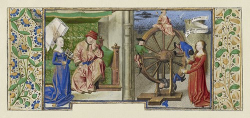 Philosophy Consoling Boethius and Fortune Turning the Wheel; Coëtivy Master, Henri de Vulcop?, French, active about 1450 - 1485