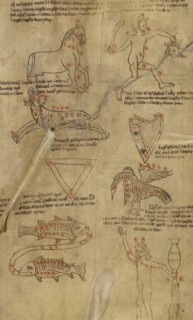 Constellation Diagrams; England; early 13th century; Pen and black, green, and red inks on parchment bound between pasteboard