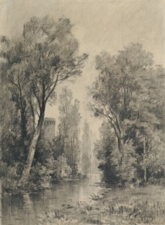 Castle Overlooking a River; Maxime Lalanne, French, 1827 - 1886, 1860s - 1870s; Vine charcoal, powdered charcoal, with stumping