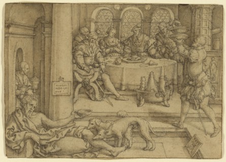 Lazarus Begging for Crumbs from Dives's Table; Heinrich Aldegrever, German, 1502 - about 1561, 1552; Pen and brown ink, brown