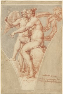 Venus and Cupid after Raphael; Pieter van Lint, Flemish, 1609 - 1690, 1636; Black and red chalk and brown wash; 41.8 x 27.9 cm
