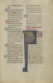 Decorated Initial P; Sicily, probably, Italy; late 12th century; Tempera colors, gold leaf, and ink on parchment