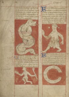 Constellation; Worcester, England; late 14th century, shortly after 1386; Pen and black ink and tempera on parchment bound