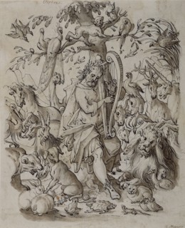Orpheus Charming the Animals; Josias Murer II, Swiss, 1564 - 1630, about 1600; Black ink and brown wash on paper; 22.9 x 18.6