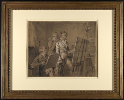 Three Young Artists in a Studio; Louis-Léopold Boilly, French, 1761 - 1845, about 1820; Black chalk with white chalk