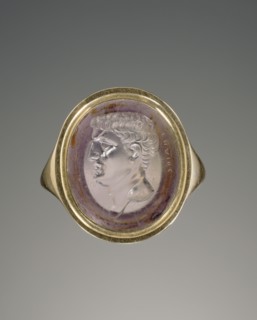 Head of Marc Antony; Signed by Gnaios; gem about 40 - 20 B.C; ring 19th century A.D. or later; Amethyst set in a modern gold