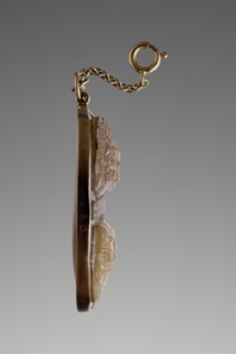 Cameo with Four Masks; gem 1st century; mount mid-19th century or later; Gem: sardonyx; Mount: gold; 2.9 cm